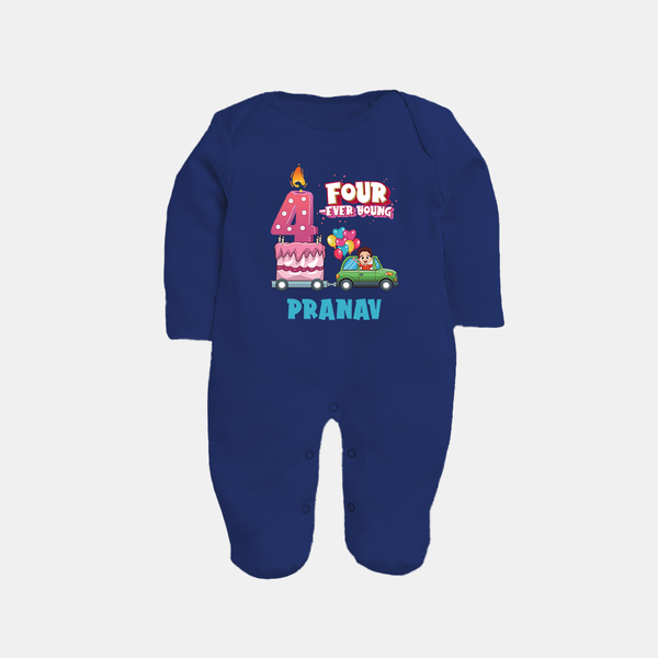 Celebrate 4 Month with Custom Full Sleeve Bodysuit/ Sleep Suit/ Jumpsuit | Personalized Newborn Outfit | Soft Cotton Comfort - NAVY BLUE - New Born (Chest 7.5")