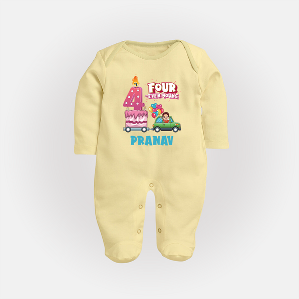 Celebrate 4 Month with Custom Full Sleeve Bodysuit/ Sleep Suit/ Jumpsuit | Personalized Newborn Outfit | Soft Cotton Comfort - PASTEL YELLOW - New Born (Chest 7.5")