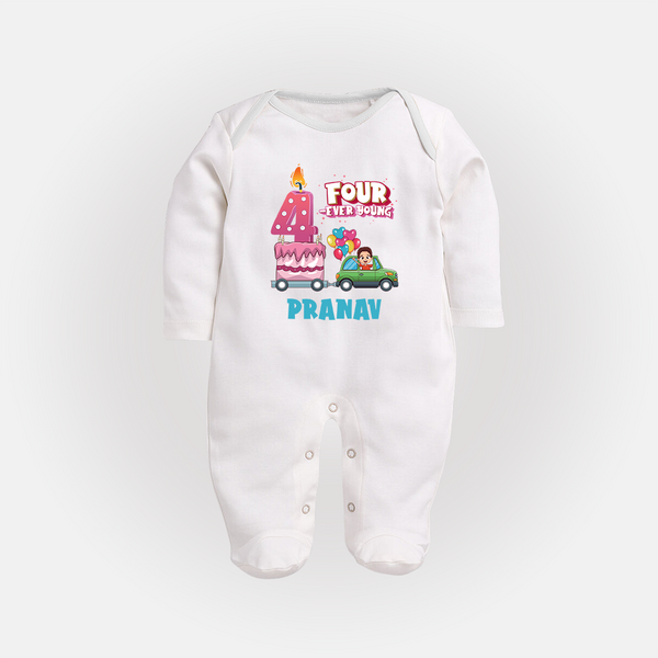 Celebrate 4 Month with Custom Full Sleeve Bodysuit/ Sleep Suit/ Jumpsuit | Personalized Newborn Outfit | Soft Cotton Comfort - WHITE - New Born (Chest 7.5")