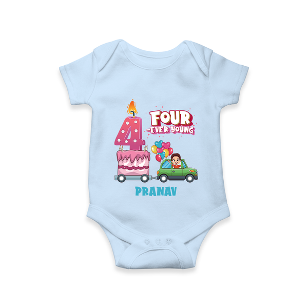 Celebrate Your Babies 4th Month With "FOUR-EVER YOUNG" - Customized Romper For Babies With Name - BABY BLUE - 0 - 3 Months Old (Chest 16")