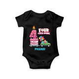 Celebrate Your Babies 4th Month With "FOUR-EVER YOUNG" - Customized Romper For Babies With Name - BLACK - 0 - 3 Months Old (Chest 16")