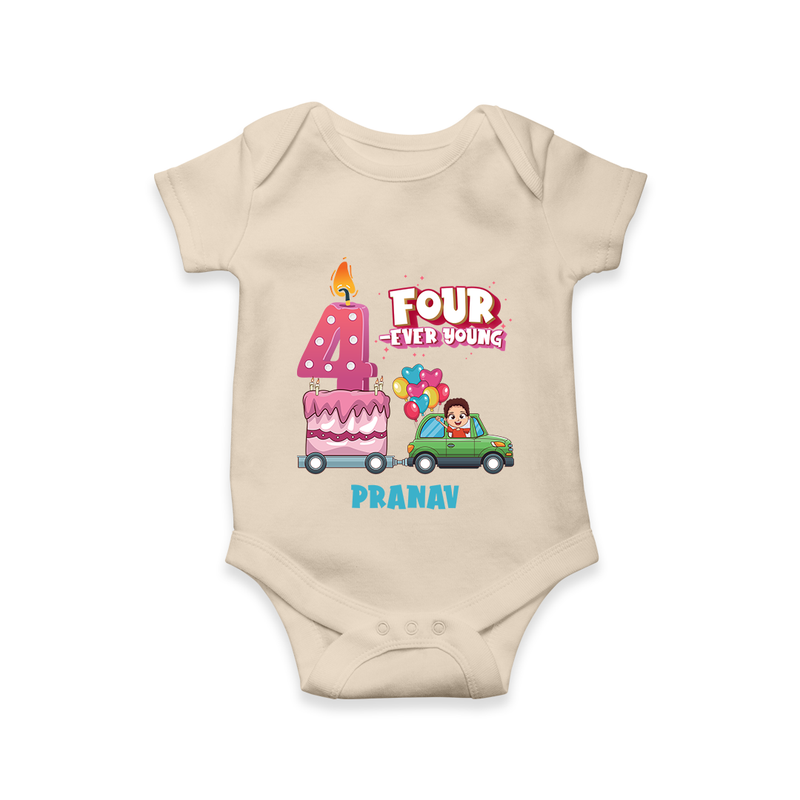 Celebrate Your Babies 4th Month With "FOUR-EVER YOUNG" - Customized Romper For Babies With Name - IVORY - 0 - 3 Months Old (Chest 16")