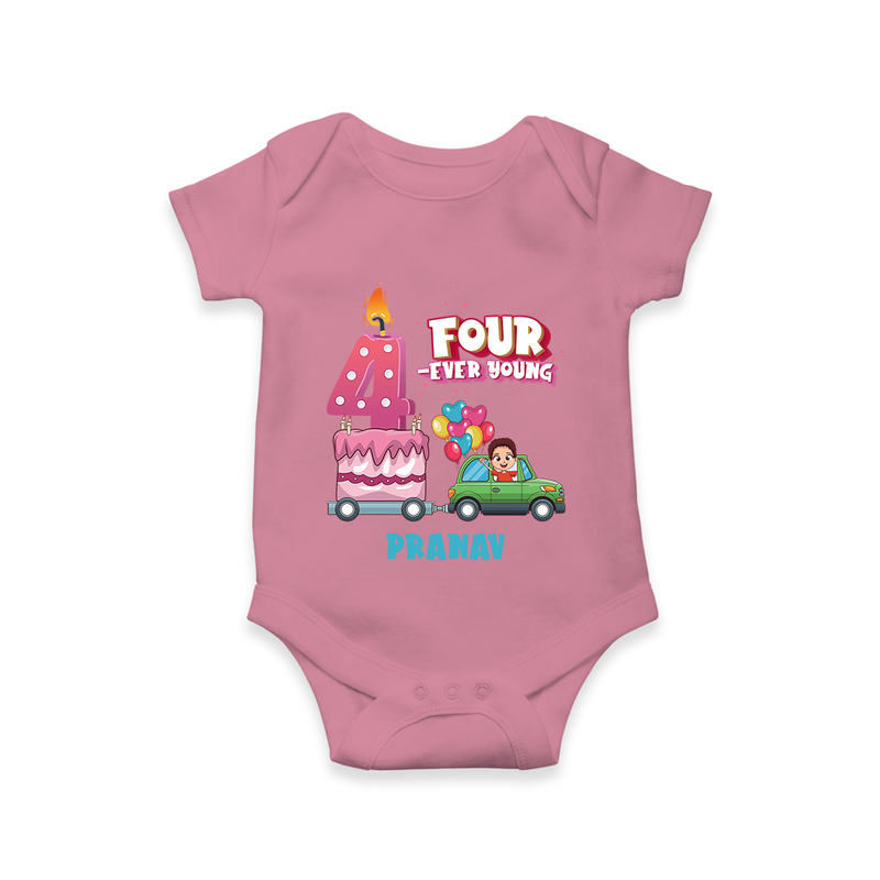 Celebrate Your Babies 4th Month With "FOUR-EVER YOUNG" - Customized Romper For Babies With Name - ONION - 0 - 3 Months Old (Chest 16")