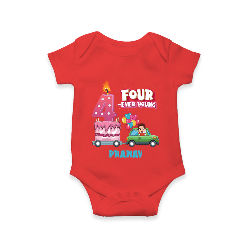 Celebrate Your Babies 4th Month With "FOUR-EVER YOUNG" - Customized Romper For Babies With Name - RED - 0 - 3 Months Old (Chest 16")