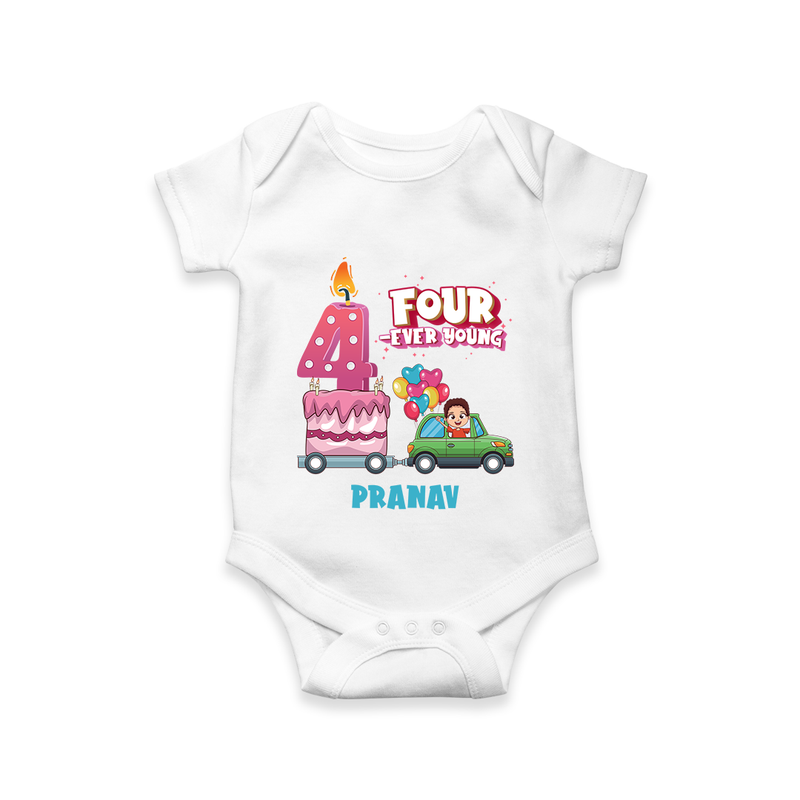 Celebrate Your Babies 4th Month With "FOUR-EVER YOUNG" - Customized Romper For Babies With Name - WHITE - 0 - 3 Months Old (Chest 16")