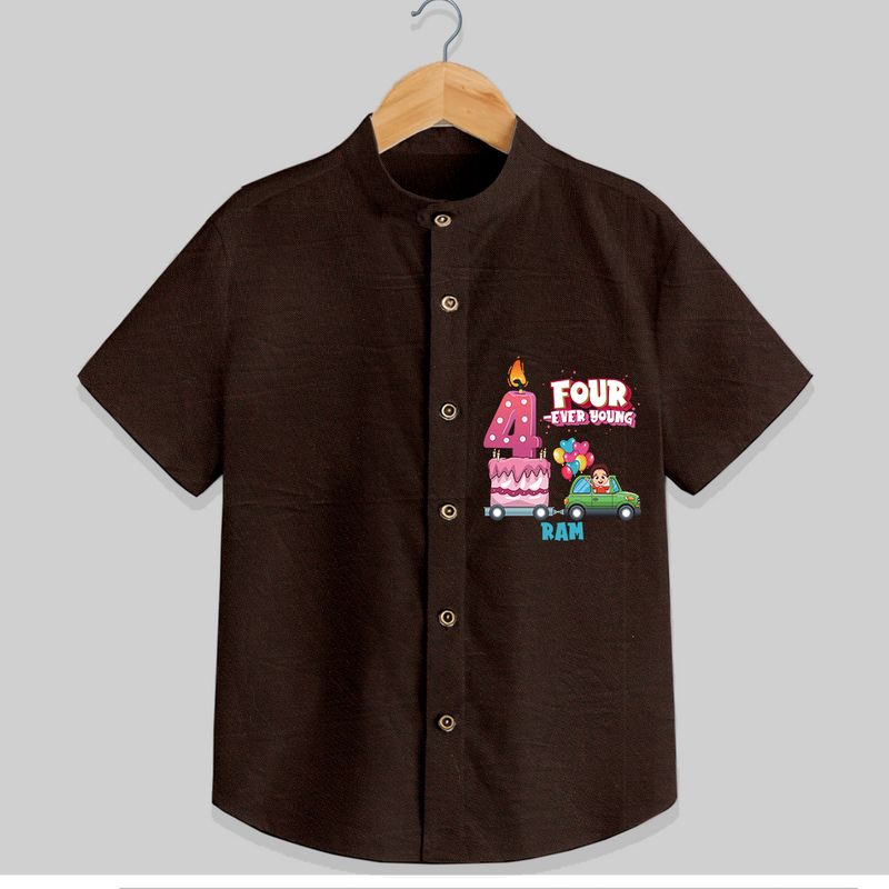 Four-ever Young 4th Birthday – Custom Name Shirt for Boys - CHOCOLATE BROWN - 0 - 6 Months Old (Chest 21")