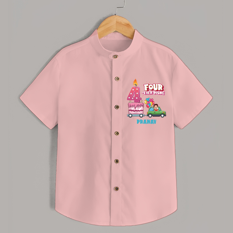 Celebrate Your Kids 4th Year Birthday With "FOUR-EVER YOUNG" - Personalized Birthday Shirts with Customized Name - PEACH - 0 - 6 Months Old (Chest 23")