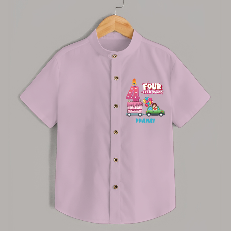 Celebrate Your Kids 4th Year Birthday With "FOUR-EVER YOUNG" - Personalized Birthday Shirts with Customized Name - PINK - 0 - 6 Months Old (Chest 23")