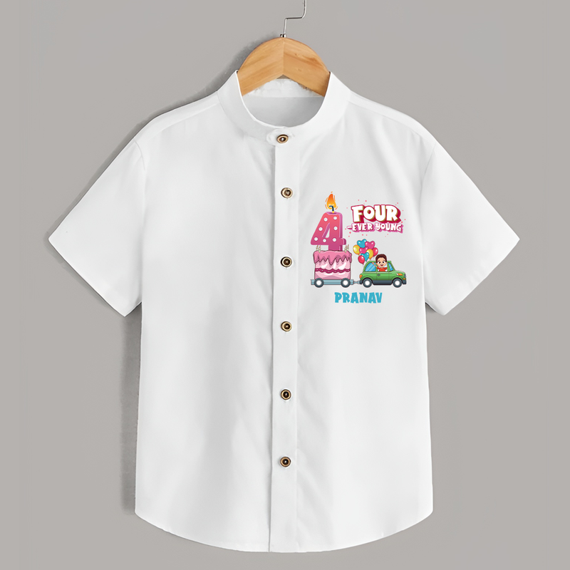 Celebrate Your Kids 4th Year Birthday With "FOUR-EVER YOUNG" - Personalized Birthday Shirts with Customized Name - WHITE - 0 - 6 Months Old (Chest 23")