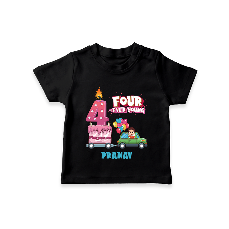 Celebrate Your Kids 4th Year Birthday With "FOUR-EVER YOUNG" - Personalized Birthday T-Shirts with Customized Name For Boys - BLACK - 0-5 Months Old (Chest 17")