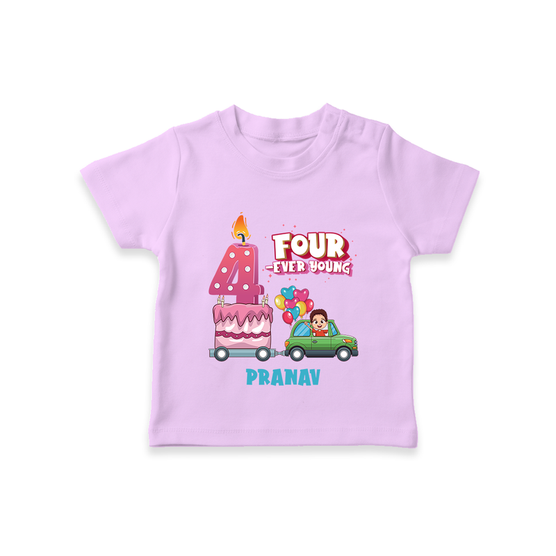 Celebrate Your Kids 4th Year Birthday With "FOUR-EVER YOUNG" - Personalized Birthday T-Shirts with Customized Name For Boys - LILAC - 0-5 Months Old (Chest 17")