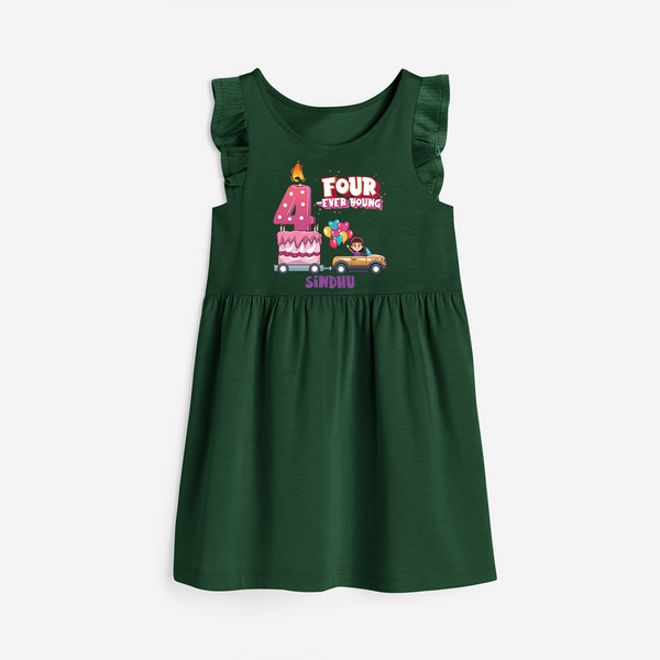 Four-ever Young 4th Birthday – Personalized Name Frock for Girls - BOTTLE GREEN - 0 - 6 Months Old (Chest 18")