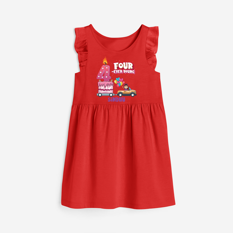 Four-ever Young 4th Birthday – Personalized Name Frock for Girls - RED - 0 - 6 Months Old (Chest 18")