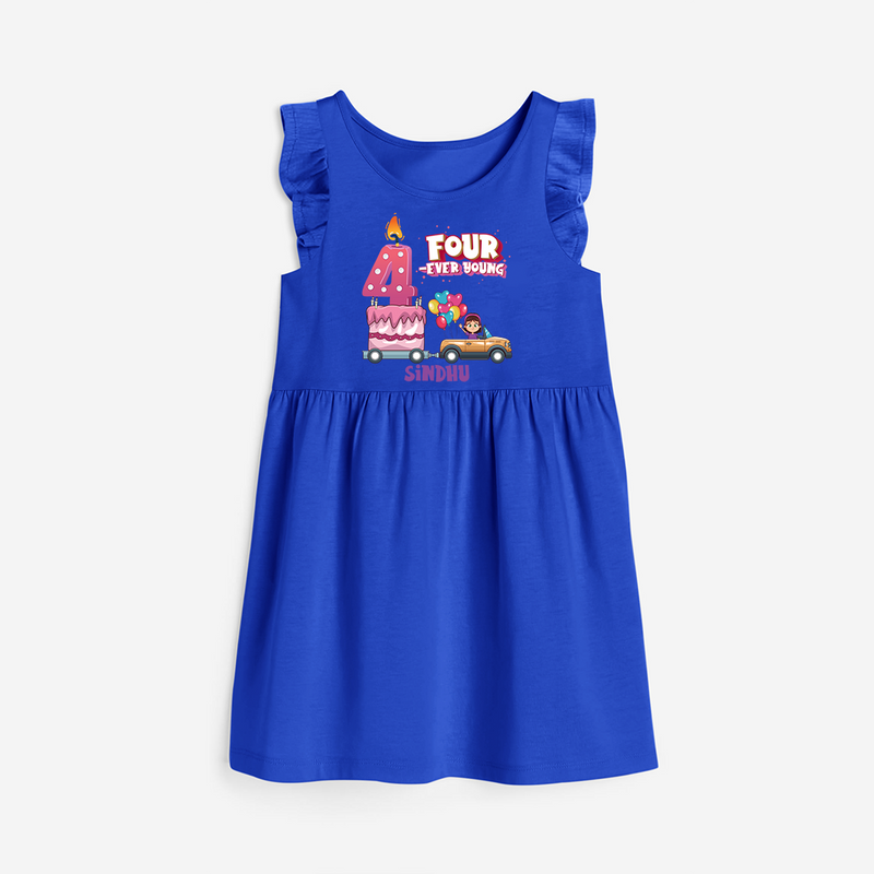 Four-ever Young 4th Birthday – Personalized Name Frock for Girls - ROYAL BLUE - 0 - 6 Months Old (Chest 18")