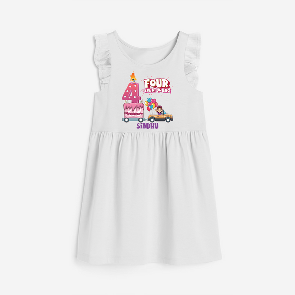 Four-ever Young 4th Birthday – Personalized Name Frock for Girls - WHITE - 0 - 6 Months Old (Chest 18")