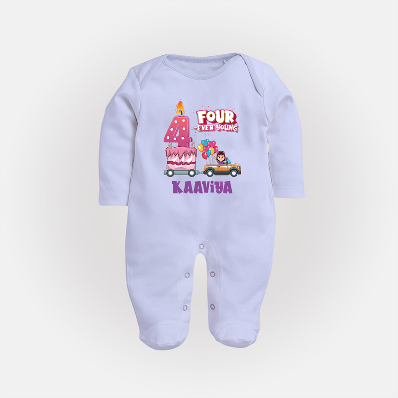 Monthly Milestone Baby Full Sleeve Bodysuit/ Sleep Suit/ Jumpsuit -4th Month | Personalized Print | Cute & Comfortable - BABY BLUE - New Born (Chest 7.5")