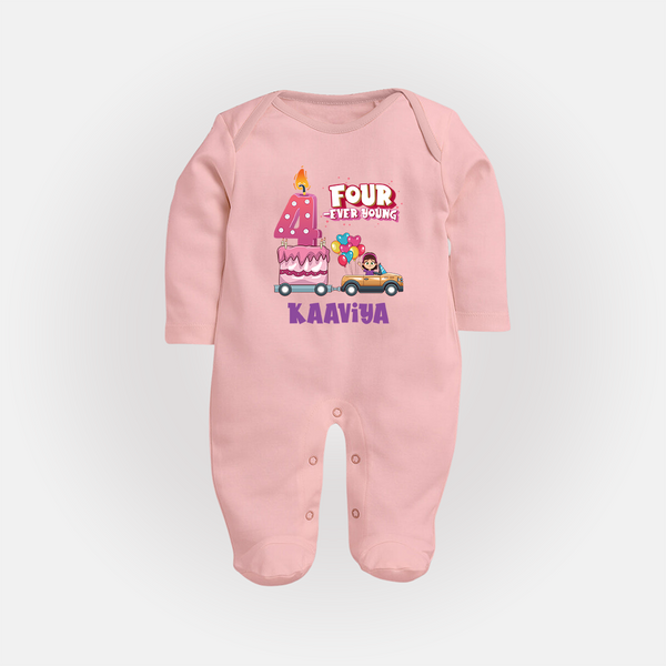 Monthly Milestone Baby Full Sleeve Bodysuit/ Sleep Suit/ Jumpsuit -4th Month | Personalized Print | Cute & Comfortable - BABY PINK - New Born (Chest 7.5")