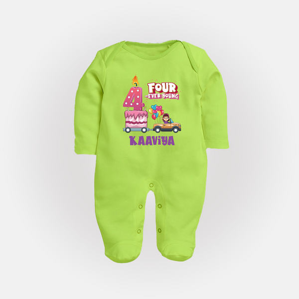 Monthly Milestone Baby Full Sleeve Bodysuit/ Sleep Suit/ Jumpsuit -4th Month | Personalized Print | Cute & Comfortable - LIME GREEN - New Born (Chest 7.5")