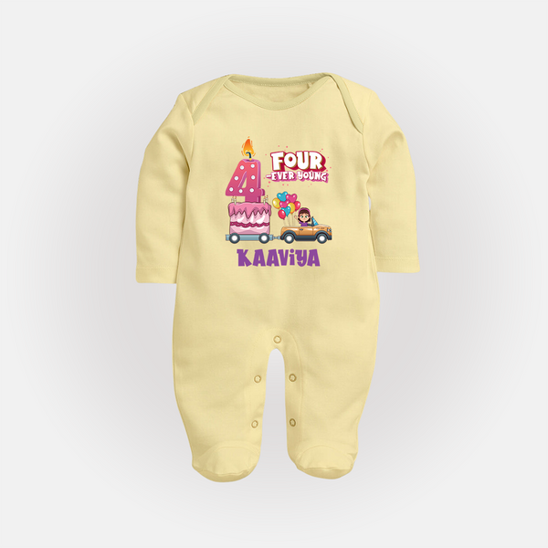 Monthly Milestone Baby Full Sleeve Bodysuit/ Sleep Suit/ Jumpsuit -4th Month | Personalized Print | Cute & Comfortable - PASTEL YELLOW - New Born (Chest 7.5")