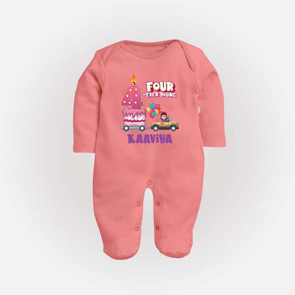 Monthly Milestone Baby Full Sleeve Bodysuit/ Sleep Suit/ Jumpsuit -4th Month | Personalized Print | Cute & Comfortable - PEACH - New Born (Chest 7.5")