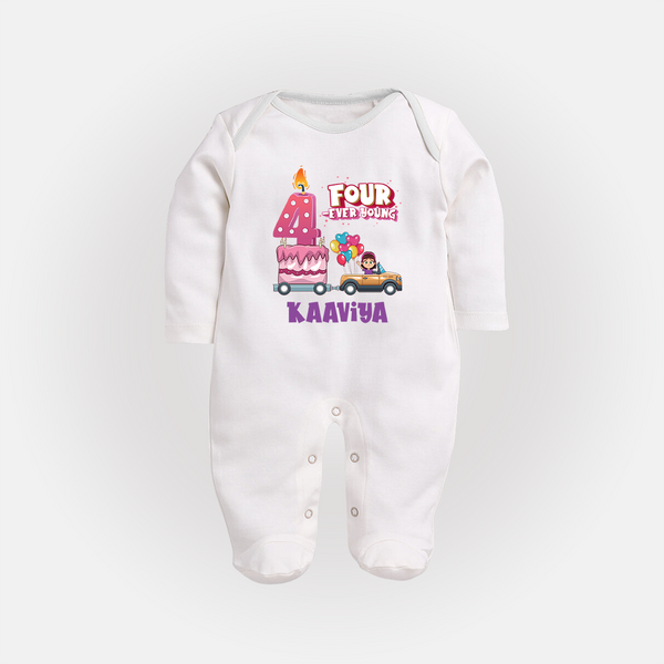 Monthly Milestone Baby Full Sleeve Bodysuit/ Sleep Suit/ Jumpsuit -4th Month | Personalized Print | Cute & Comfortable - WHITE - New Born (Chest 7.5")