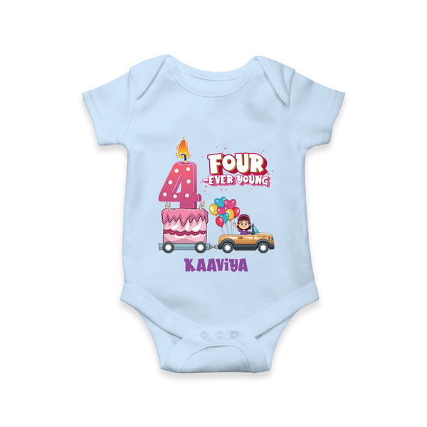 Celebrate Your Tiny TotÕs 4th Month With "FOUR-EVER YOUNG" - Personalized Romper For Babies With Name - BABY BLUE - 0 - 3 Months Old (Chest 16")