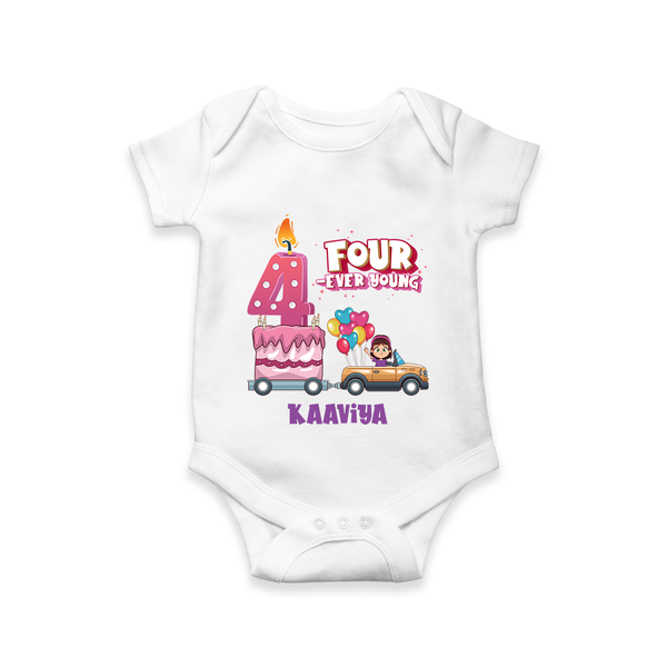 Celebrate Your Tiny TotÕs 4th Month With "FOUR-EVER YOUNG" - Personalized Romper For Babies With Name - WHITE - 0 - 3 Months Old (Chest 16")