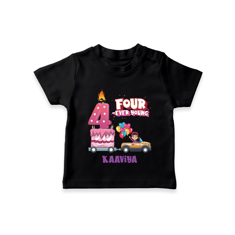 Celebrate Your Kids 4th Year Birthday With "FOUR-EVER YOUNG" - Personalized Birthday T-Shirts with Customized Name For Girls - BLACK - 0-5 Months Old (Chest 17")