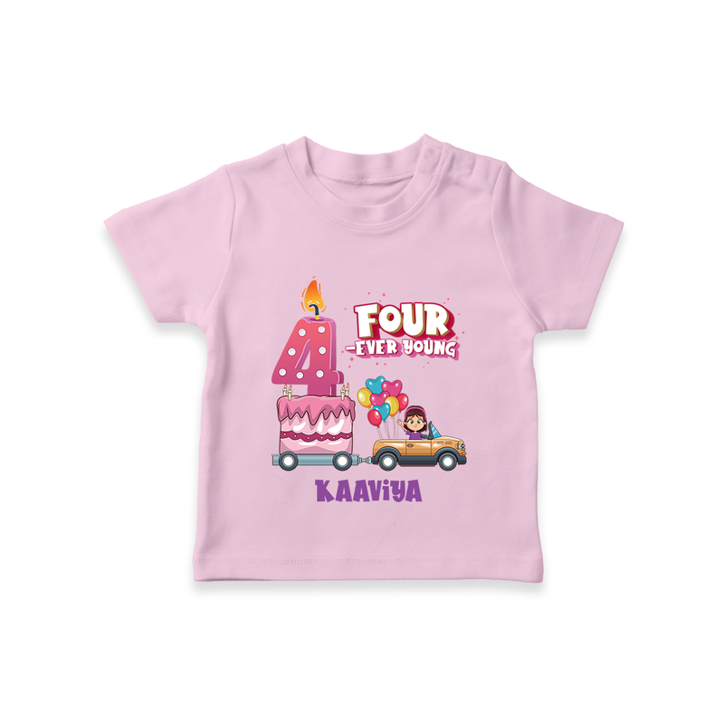 Celebrate Your Kids 4th Year Birthday With "FOUR-EVER YOUNG" - Personalized Birthday T-Shirts with Customized Name For Girls - PINK - 0-5 Months Old (Chest 17")