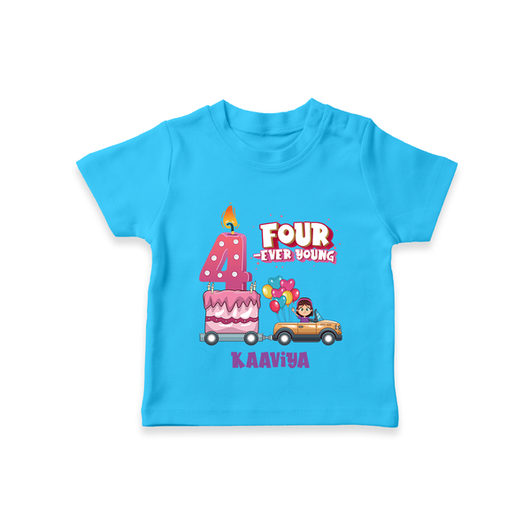 Celebrate Your Kids 4th Year Birthday With "FOUR-EVER YOUNG" - Personalized Birthday T-Shirts with Customized Name For Girls - SKY BLUE - 0-5 Months Old (Chest 17")