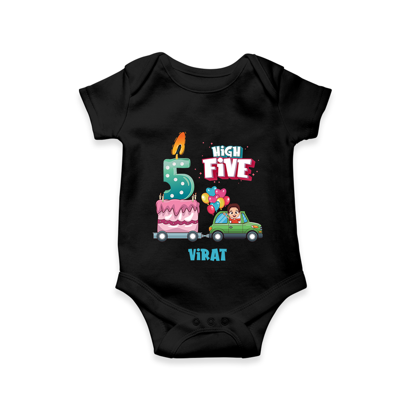 Celebrate Your Babies 5th Month With "HIGH FIVE" - Customized Romper For Babies With Name - BLACK - 0 - 3 Months Old (Chest 16")