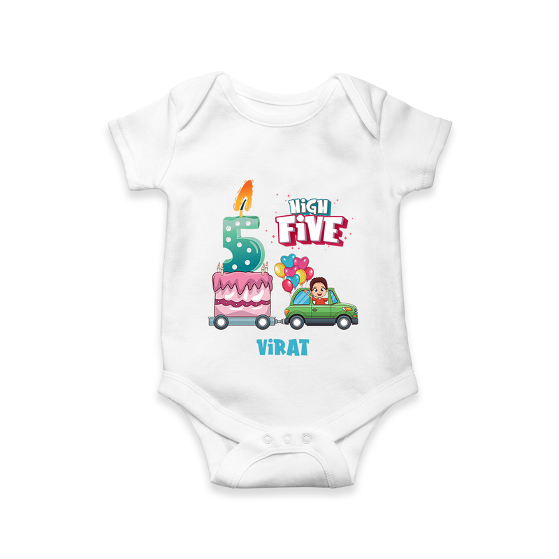 Celebrate Your Babies 5th Month With "HIGH FIVE" - Customized Romper For Babies With Name - WHITE - 0 - 3 Months Old (Chest 16")