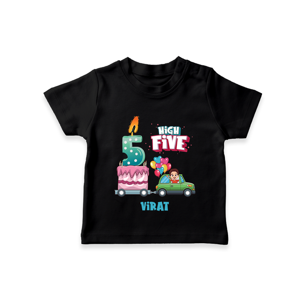 Celebrate Your Kids 5th Year Birthday With "HIGH FIVE" - Personalized Birthday T-Shirts with Customized Name For Boys - BLACK - 0-5 Months Old (Chest 17")