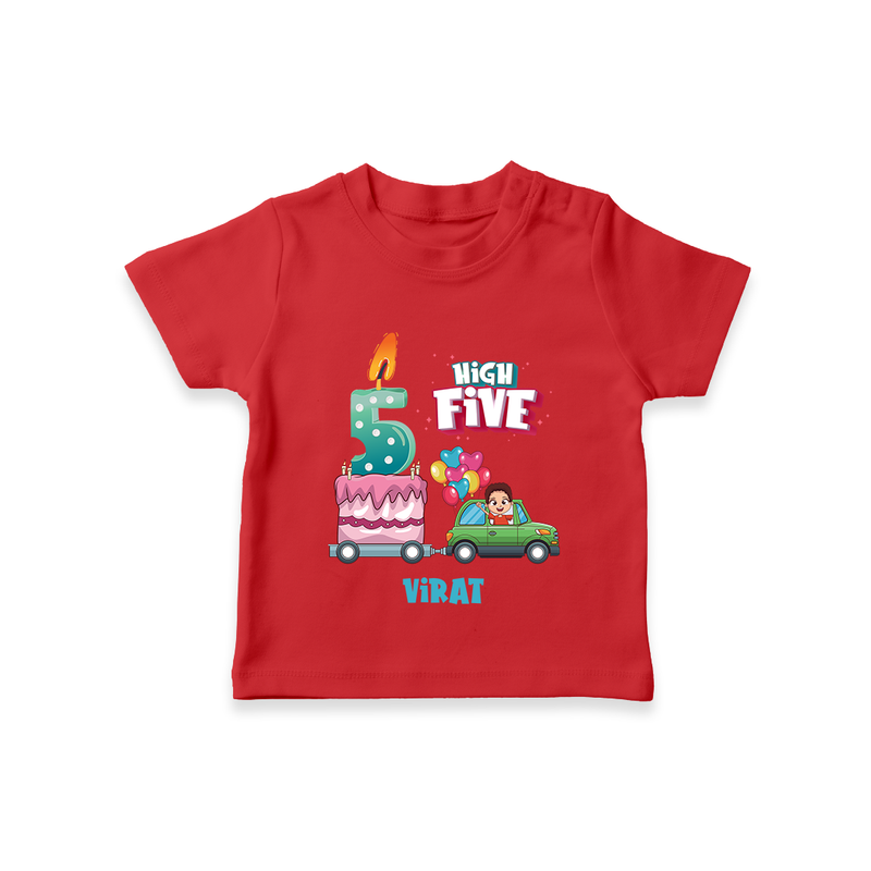 Celebrate Your Kids 5th Year Birthday With "HIGH FIVE" - Personalized Birthday T-Shirts with Customized Name For Boys - RED - 0-5 Months Old (Chest 17")