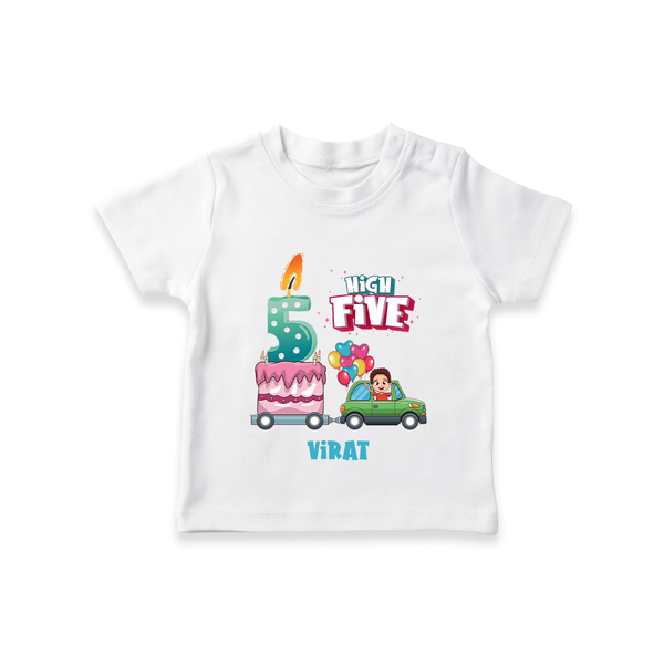 Celebrate Your Kids 5th Year Birthday With "HIGH FIVE" - Personalized Birthday T-Shirts with Customized Name For Boys - WHITE - 0-5 Months Old (Chest 17")