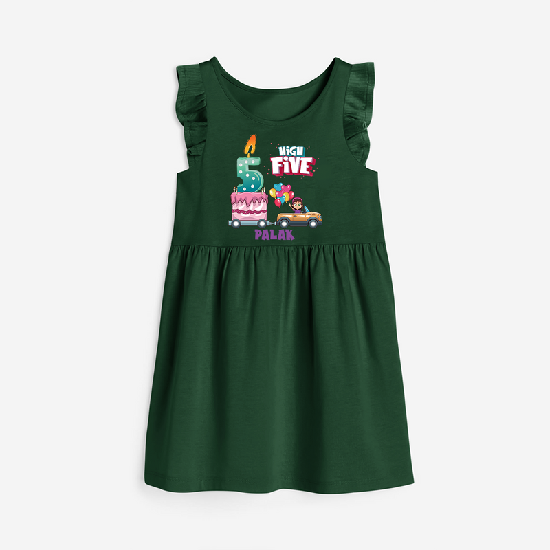 High Five 5th Birthday – Personalized Name Frock for Girls - BOTTLE GREEN - 0 - 6 Months Old (Chest 18")