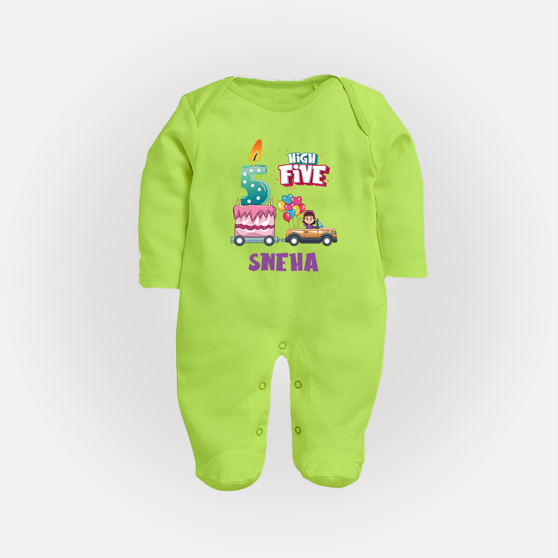 Baby Milestone Full Sleeve Bodysuit/ Sleep Suit/ Jumpsuit | Custom 5 Month Full Sleeve Bodysuit/ Sleep Suit/ Jumpsuit | Soft, Skin-Friendly Cotton - LIME GREEN - New Born (Chest 7.5")