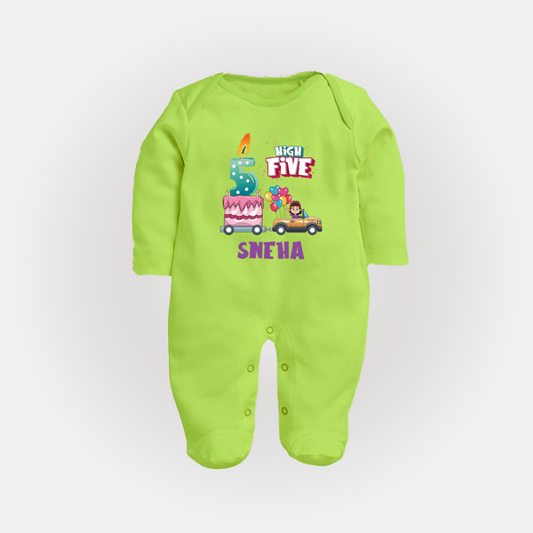 Baby Milestone Full Sleeve Bodysuit/ Sleep Suit/ Jumpsuit | Custom 5 Month Full Sleeve Bodysuit/ Sleep Suit/ Jumpsuit | Soft, Skin-Friendly Cotton - LIME GREEN - New Born (Chest 7.5")