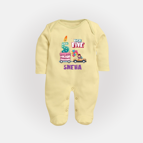 Baby Milestone Full Sleeve Bodysuit/ Sleep Suit/ Jumpsuit | Custom 5 Month Full Sleeve Bodysuit/ Sleep Suit/ Jumpsuit | Soft, Skin-Friendly Cotton - PASTEL YELLOW - New Born (Chest 7.5")
