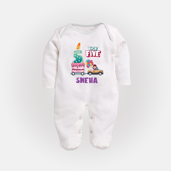 Baby Milestone Full Sleeve Bodysuit/ Sleep Suit/ Jumpsuit | Custom 5 Month Full Sleeve Bodysuit/ Sleep Suit/ Jumpsuit | Soft, Skin-Friendly Cotton - WHITE - New Born (Chest 7.5")