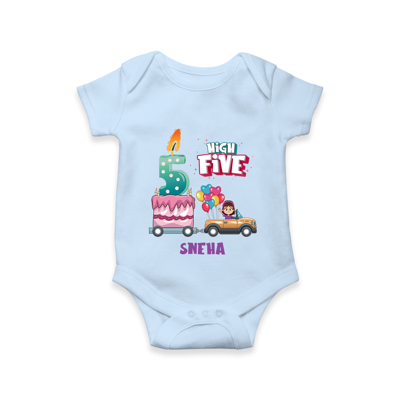 Celebrate Your Little ChampÕs 5th Month With "HIGH FIVE" - Special Romper For Babies With Name - BABY BLUE - 0 - 3 Months Old (Chest 16")