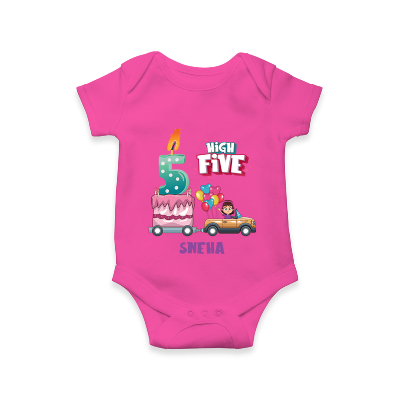 Celebrate Your Little ChampÕs 5th Month With "HIGH FIVE" - Special Romper For Babies With Name - HOT PINK - 0 - 3 Months Old (Chest 16")