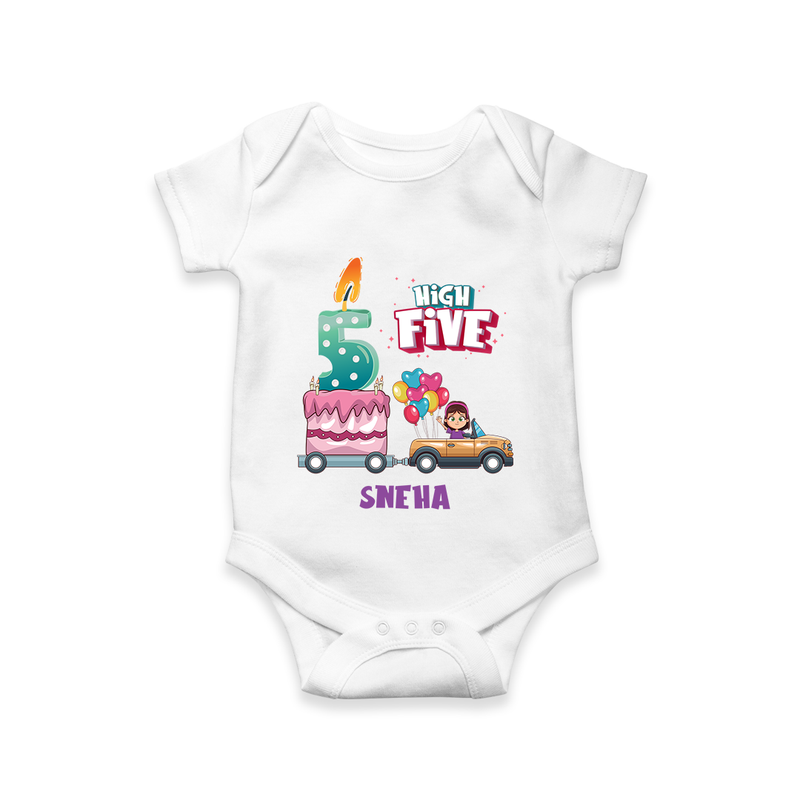 Celebrate Your Little ChampÕs 5th Month With "HIGH FIVE" - Special Romper For Babies With Name - WHITE - 0 - 3 Months Old (Chest 16")