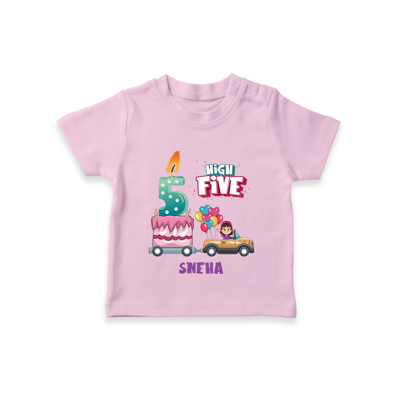 Celebrate Your Kids 5th Year Birthday With "HIGH FIVE" - Personalized Birthday T-Shirts with Customized Name For Girls - PINK - 0-5 Months Old (Chest 17")