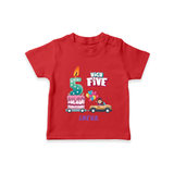 Celebrate Your Kids 5th Year Birthday With "HIGH FIVE" - Personalized Birthday T-Shirts with Customized Name For Girls - RED - 0-5 Months Old (Chest 17")