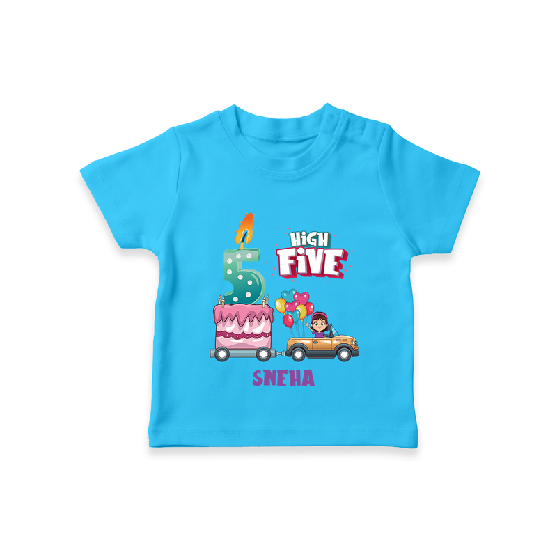 Celebrate Your Kids 5th Year Birthday With "HIGH FIVE" - Personalized Birthday T-Shirts with Customized Name For Girls - SKY BLUE - 0-5 Months Old (Chest 17")