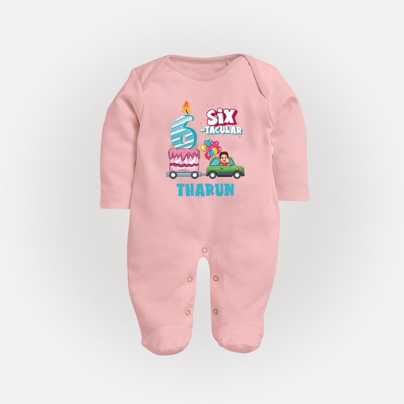 Celebrate 6 Month with Custom Full Sleeve Bodysuit/ Sleep Suit/ Jumpsuit | Personalized Newborn Outfit | Soft Cotton Comfort - BABY PINK - New Born (Chest 7.5")