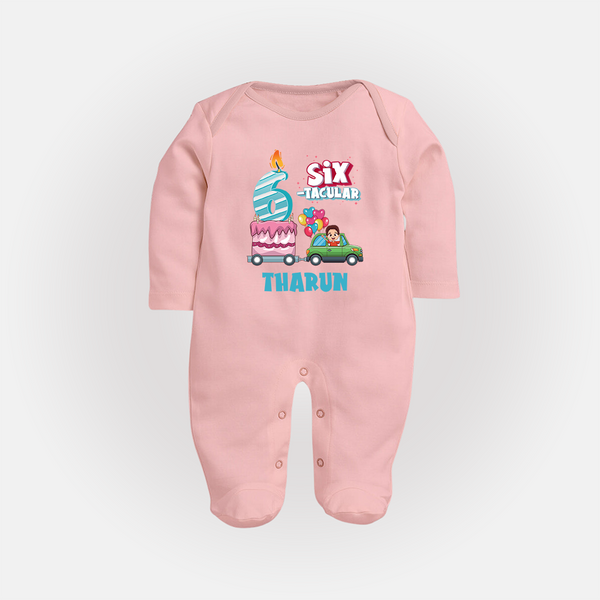 Celebrate 6 Month with Custom Full Sleeve Bodysuit/ Sleep Suit/ Jumpsuit | Personalized Newborn Outfit | Soft Cotton Comfort - BABY PINK - New Born (Chest 7.5")