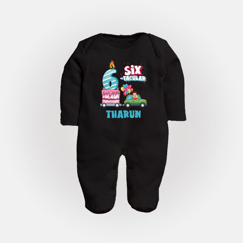 Celebrate 6 Month with Custom Full Sleeve Bodysuit/ Sleep Suit/ Jumpsuit | Personalized Newborn Outfit | Soft Cotton Comfort - BLACK - New Born (Chest 7.5")