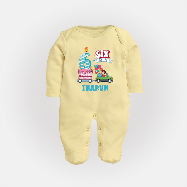 Celebrate 6 Month with Custom Full Sleeve Bodysuit/ Sleep Suit/ Jumpsuit | Personalized Newborn Outfit | Soft Cotton Comfort - PASTEL YELLOW - New Born (Chest 7.5")